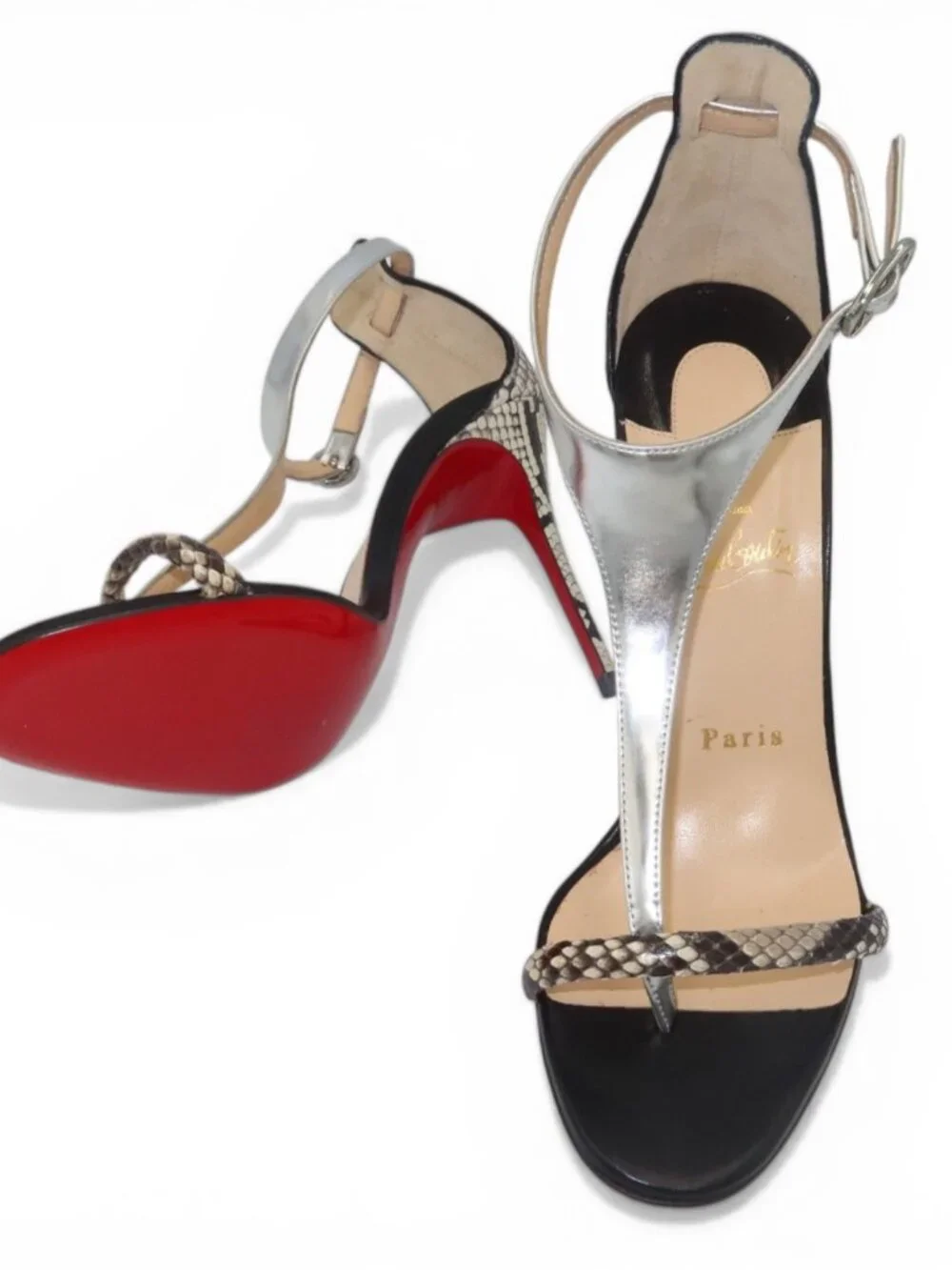 Christian Louboutin Athina Python T Strap Sandals Black Silver Size 37.5 - Picture 1 of 16